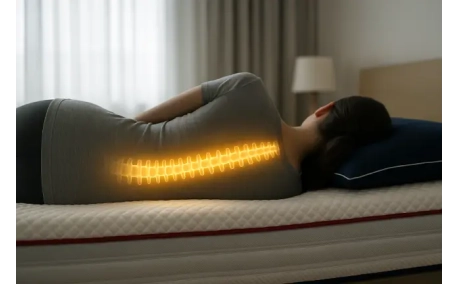 Femme allongée sur un matelas à mémoire de forme, dos bien aligné, illustrant le confort et le soutien ergonomique.