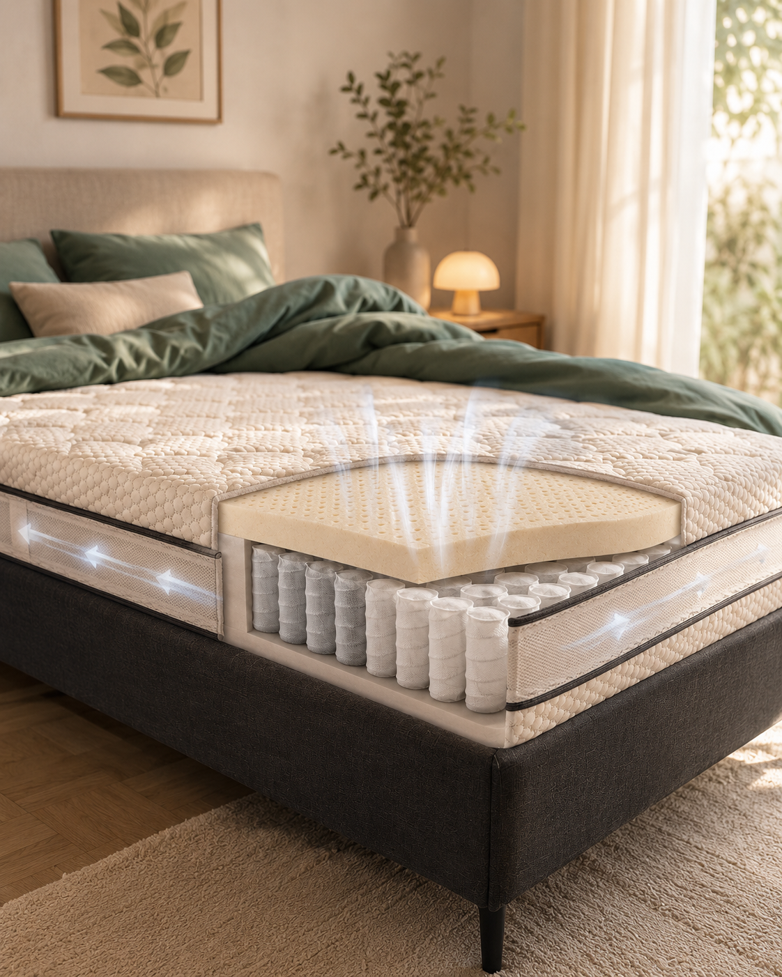 Matelas disposé sur un lit et ventilé par des bandes rafraichissantes