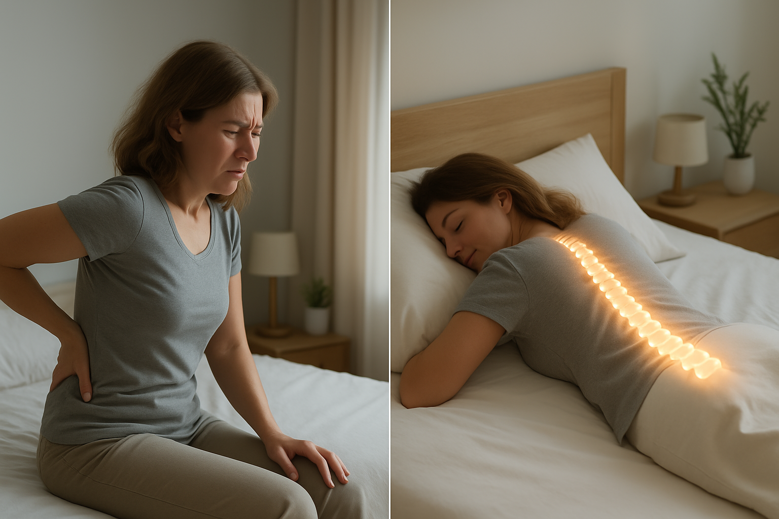 Image séparée en deux, d'un côté nous avons une femme qui semble avoir mal au dos et son matelas n'aide pas , de l'autre côté de l'image cette femme dort paisiblement avec sa colonne vertébrale bien alignée grâce à son bon matelas