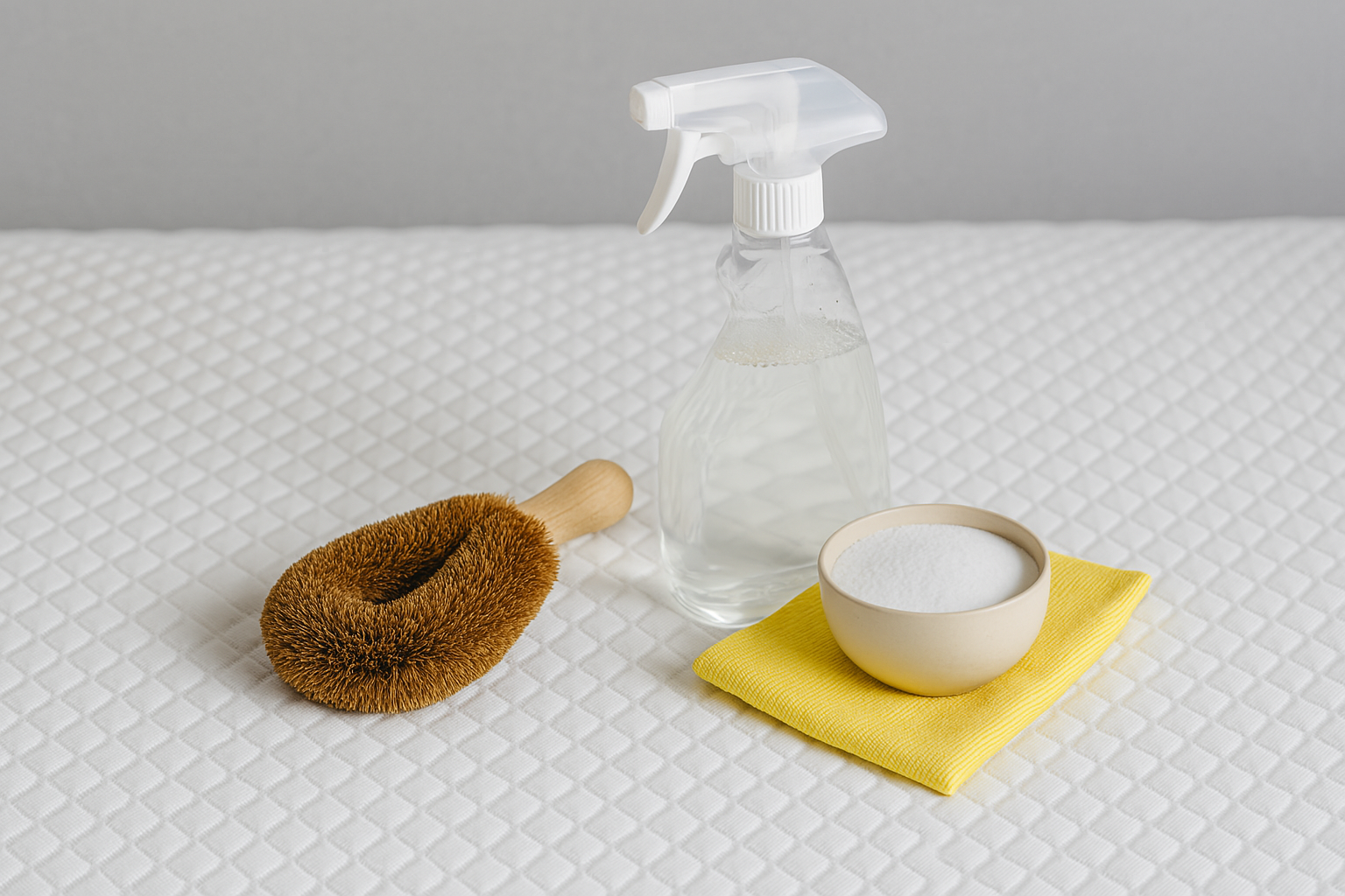 Produits nettoyants disposés sur un matelas pour illustrer l'article