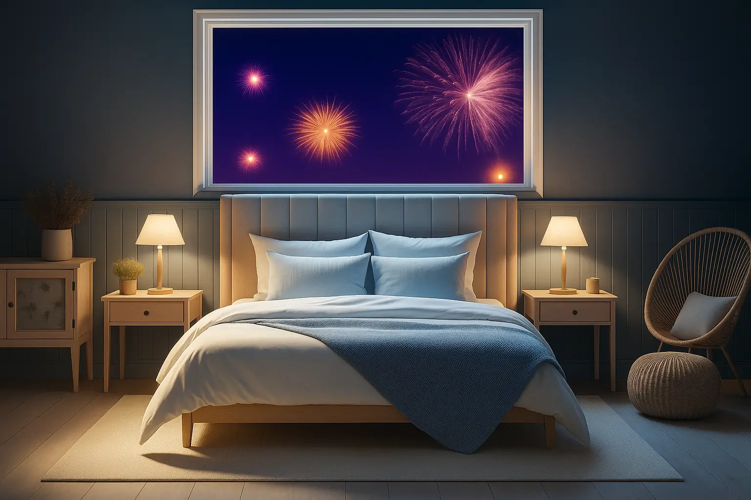 Image de lits avec fenêtre ouverte et feux d'artifices en arrière plan