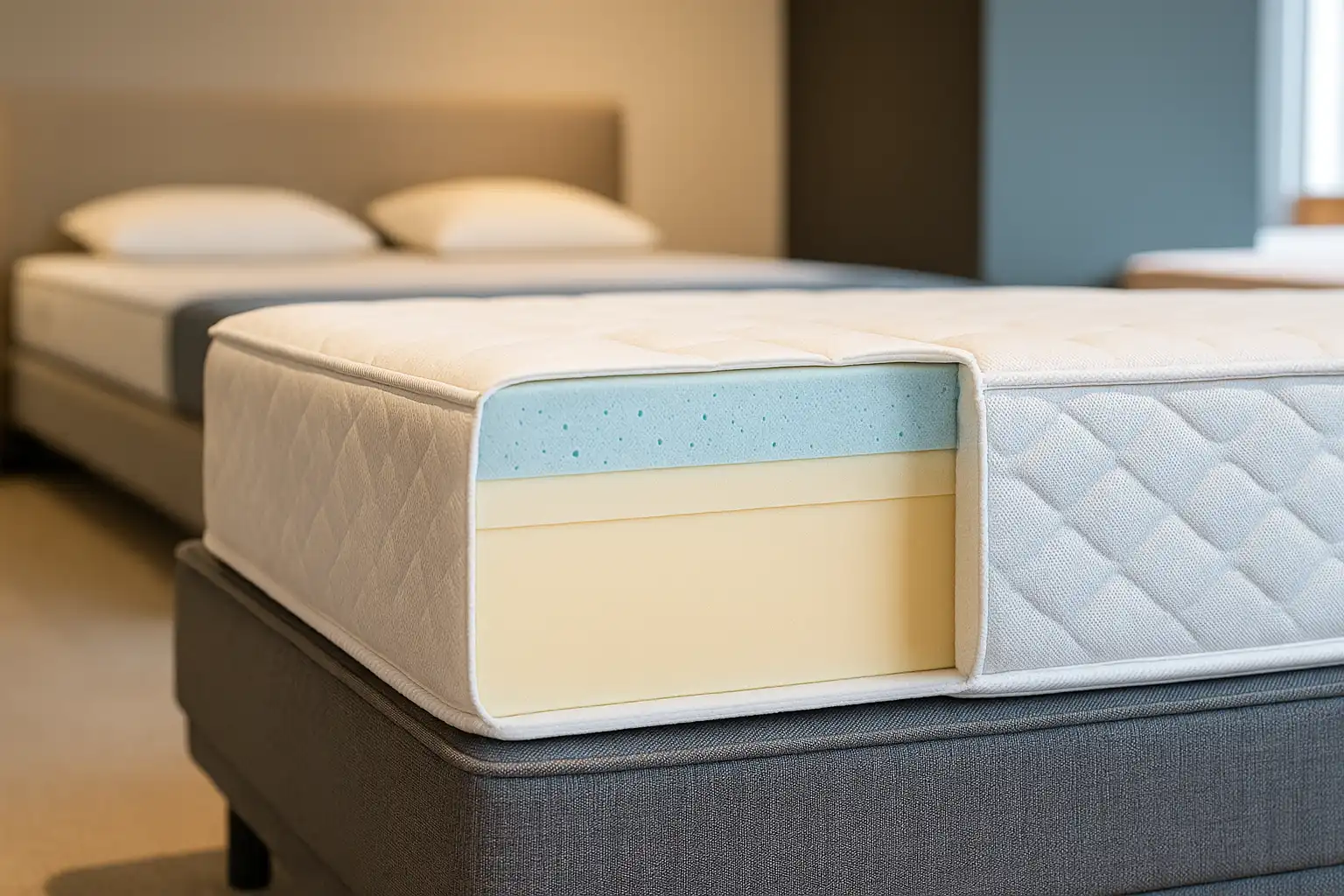 matelas en mousse découpé pour montrer la structure