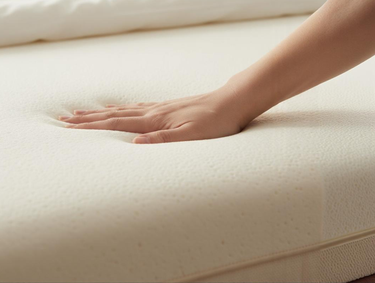 Photo d'une main appuyant sur un matelas en mousse a mémoire de forme