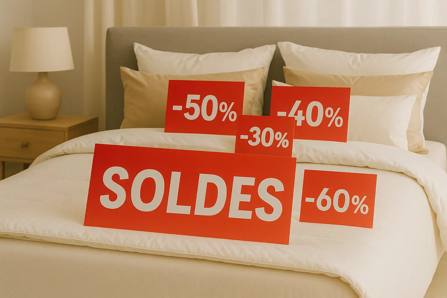 Lit avec panneaux de soldes déposés dessus afin d'illustrer l'article et les promotions des soldes