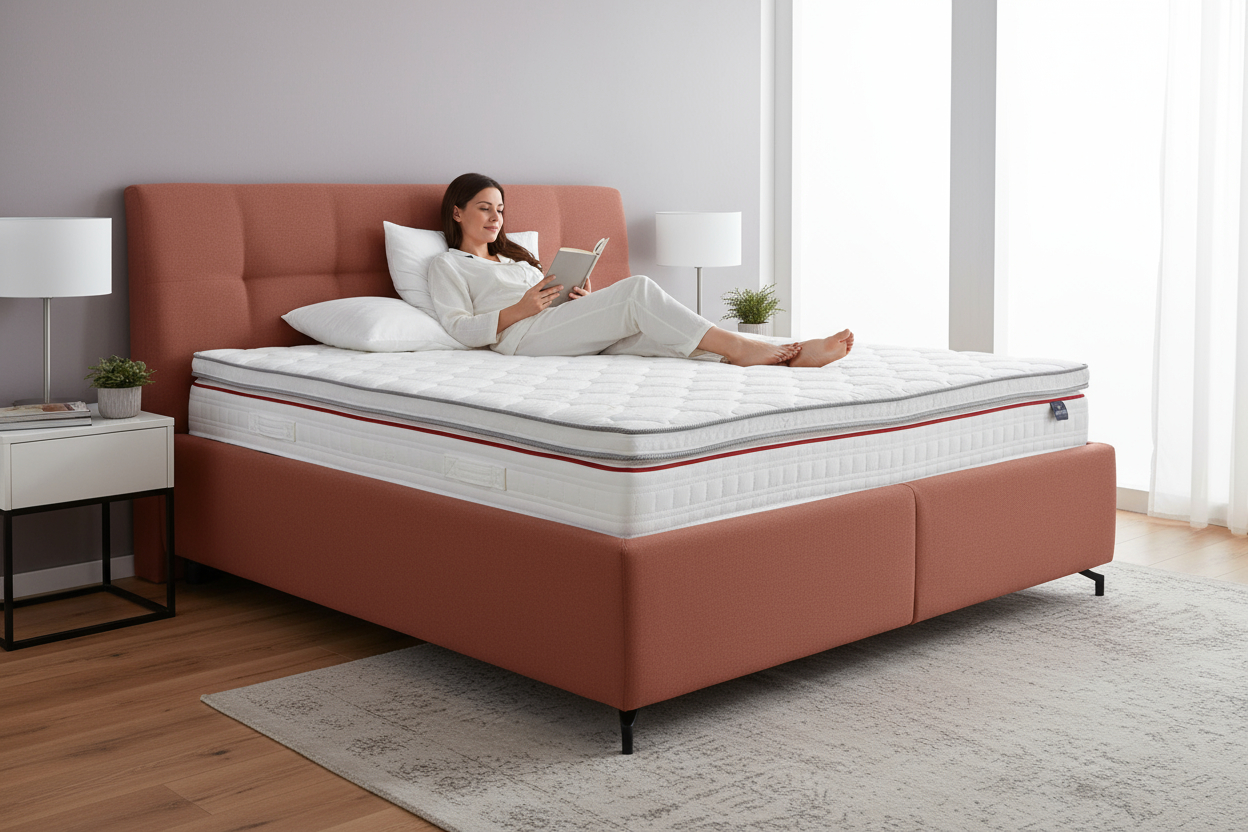 Matelas avec un surmatelas, femme allongée dessus