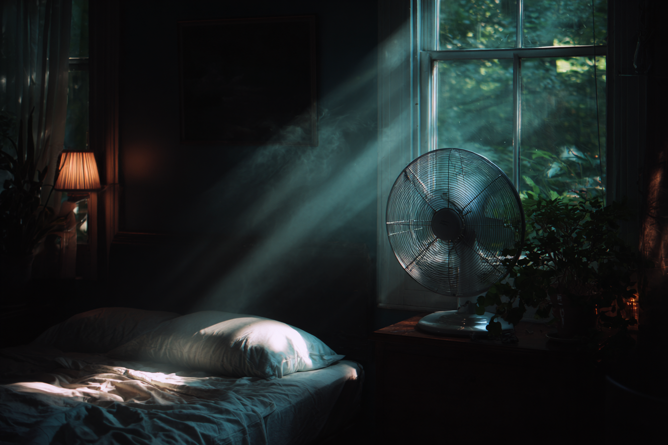 Lit avec un ventilateur représentant la fraicheur à côté