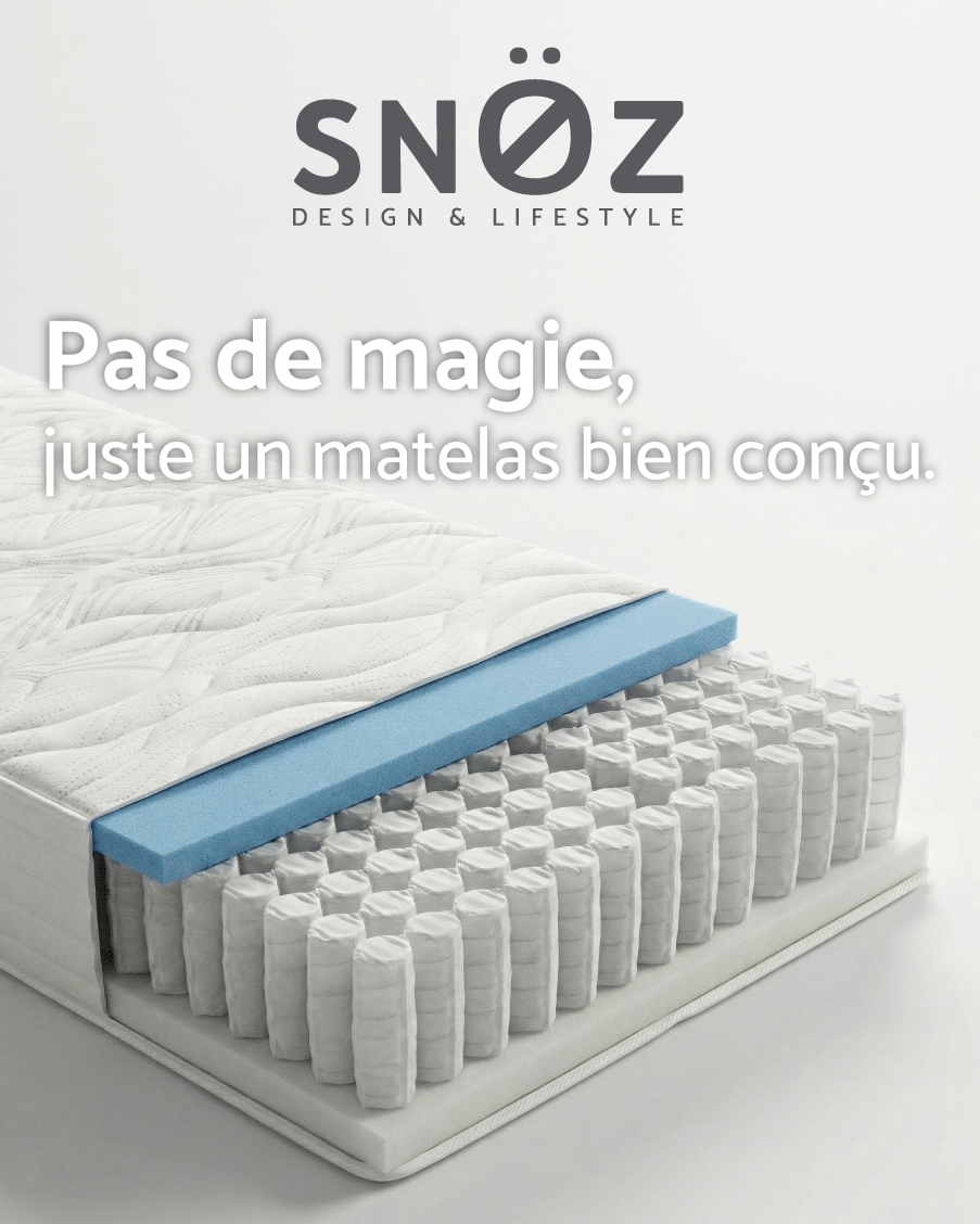 Coupe du matelas ona montrant les ressorts ensachés et les deux mousses différentes en haut et en bas