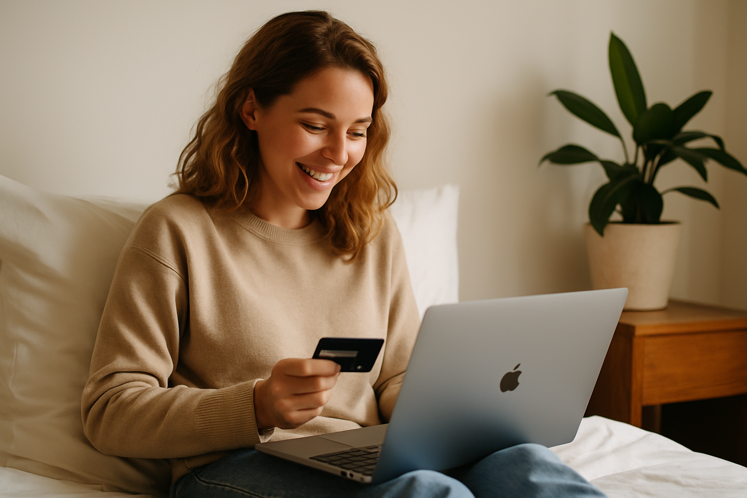 Femme dans son lit tenant une carte de crédit à la main pour payer tranquillement en 3 fois avec son ordinateur