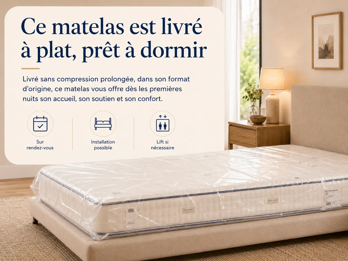 Livré à plat, prêt à dormir, sans compression prolongée, dans son format d’origine