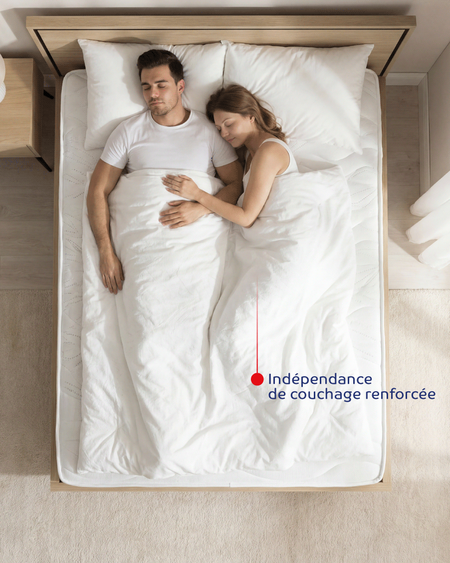Vue plongeante d'un couple sur un matelas Ona mettant en avant l'indépendance de couchage.  Photo lifestyle, belle luminosité