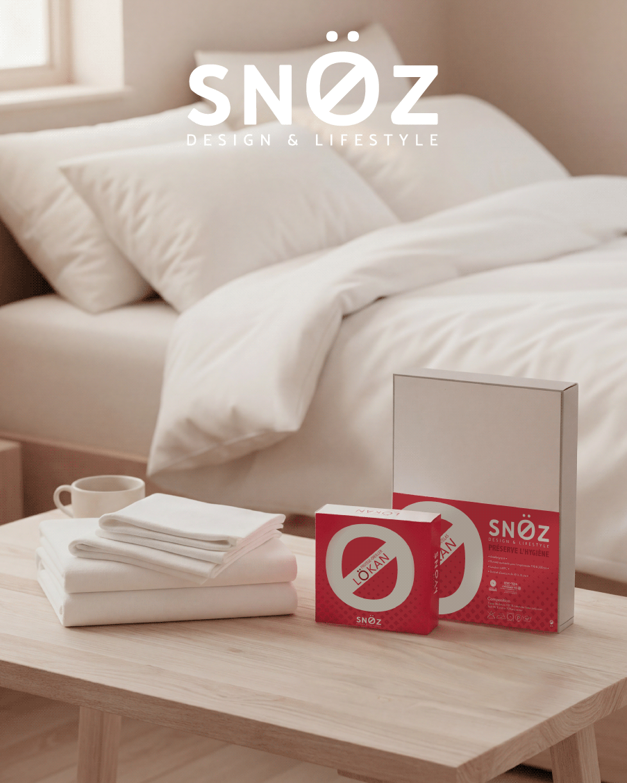 Photo d'ambiance de la gamme de protection Lokan. les pakagings du protège matelas et du protège oreiller sont posés sur une table devant un lit, ambiance douce