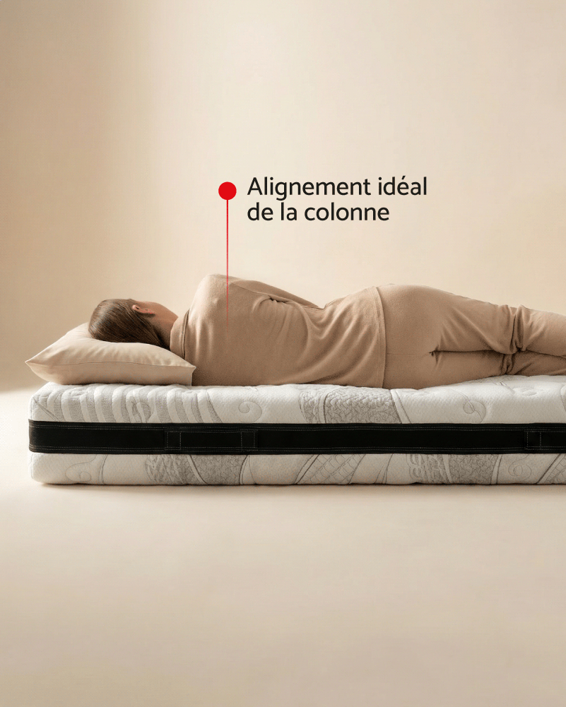 Femme allongée sur le matelas, son dos parfaitement aligné
