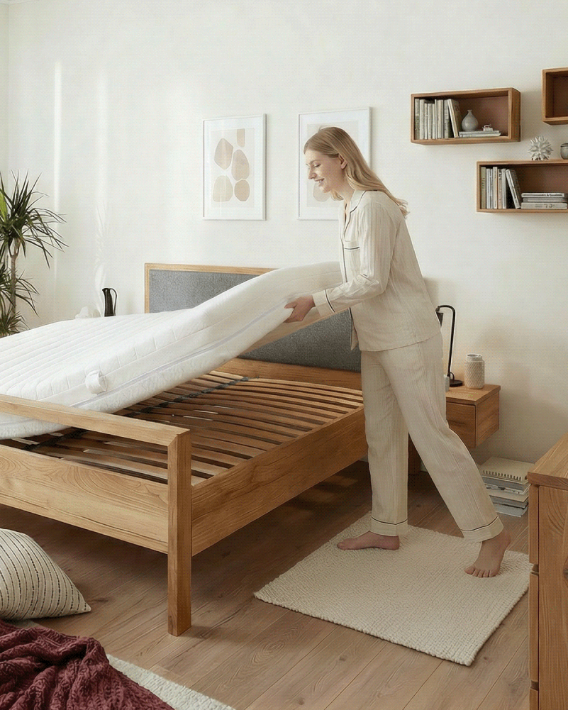 Une femme retourne le matelas Tulipe