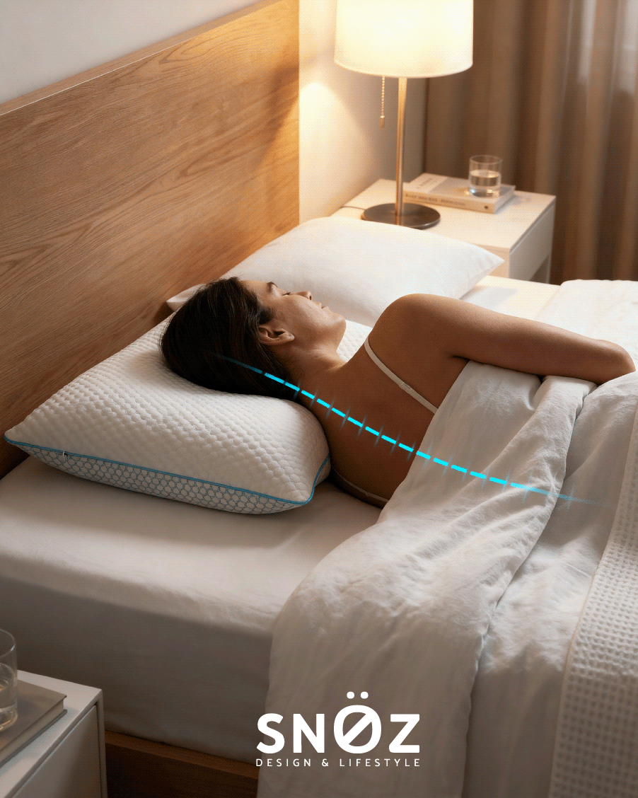 femme endormie sur l'oreiller, son dos et sa nuque parfaitement allignés