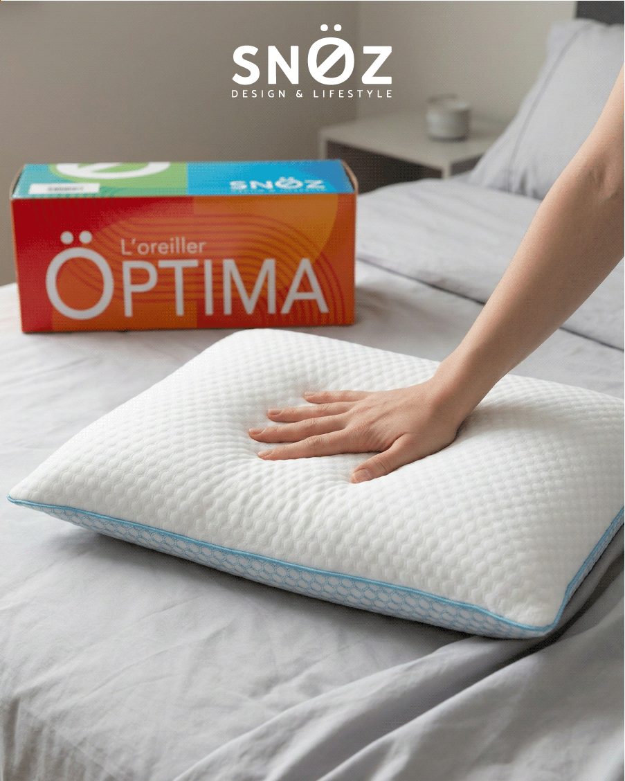 oreiller et boite posés sur un lit, une main appuie sur l'oreiller mettant en avant le moelleux et le soutien de celui ci