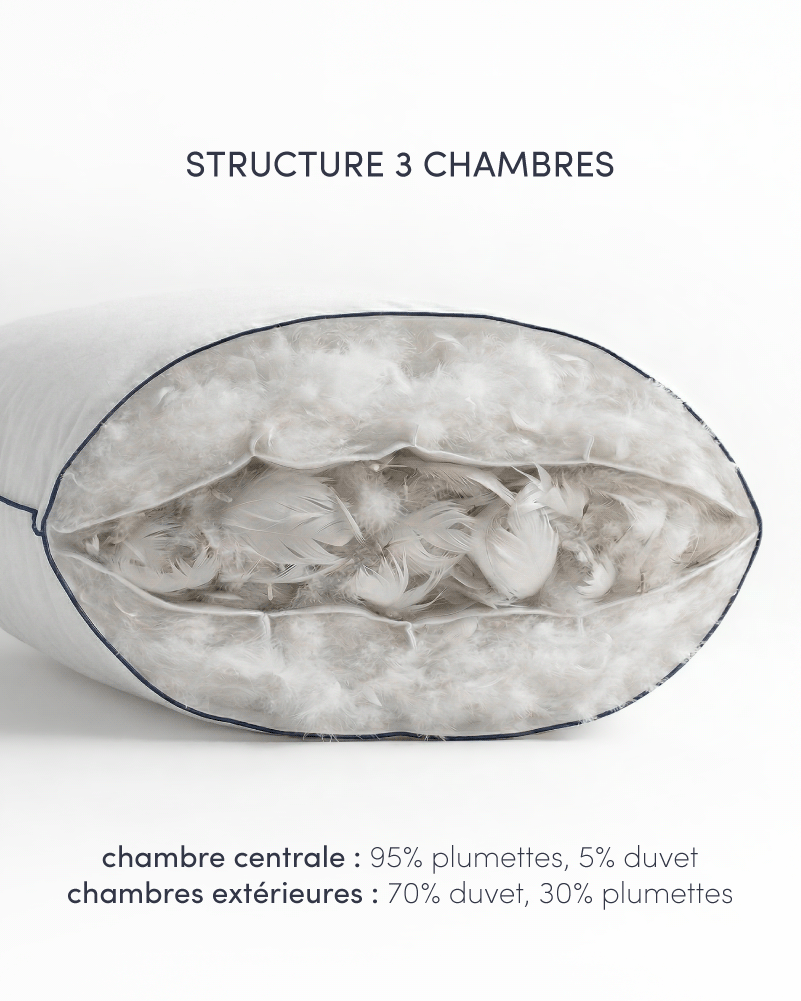Coupe transversale de l'oreiller montrant la structure en 3 chambres de celui-ci