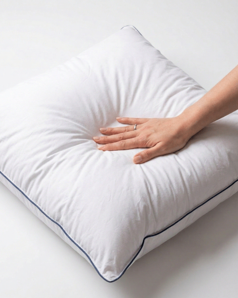 Main qui appuie sur l'oreiller Aurore montrant le volume de celui-ci