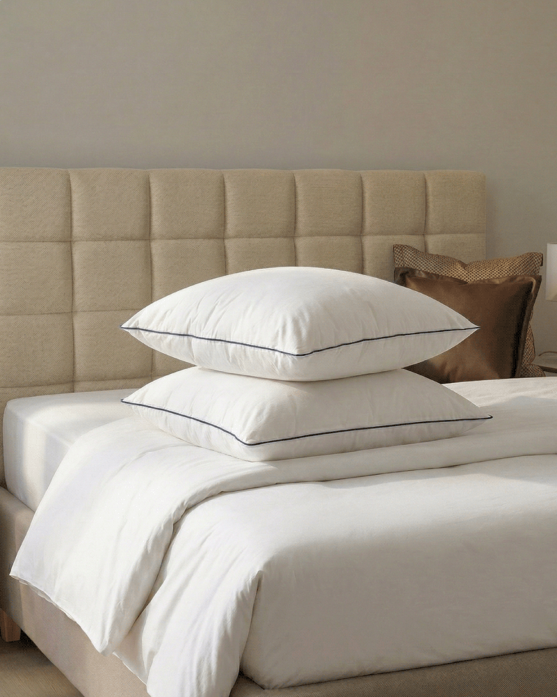 2 oreillers Elysée empilés sur le lit