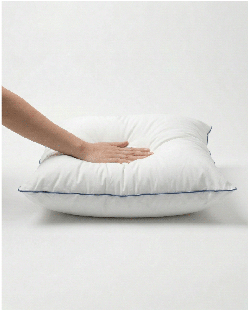 main qui s'enfonce dans l'oreiller moelleux