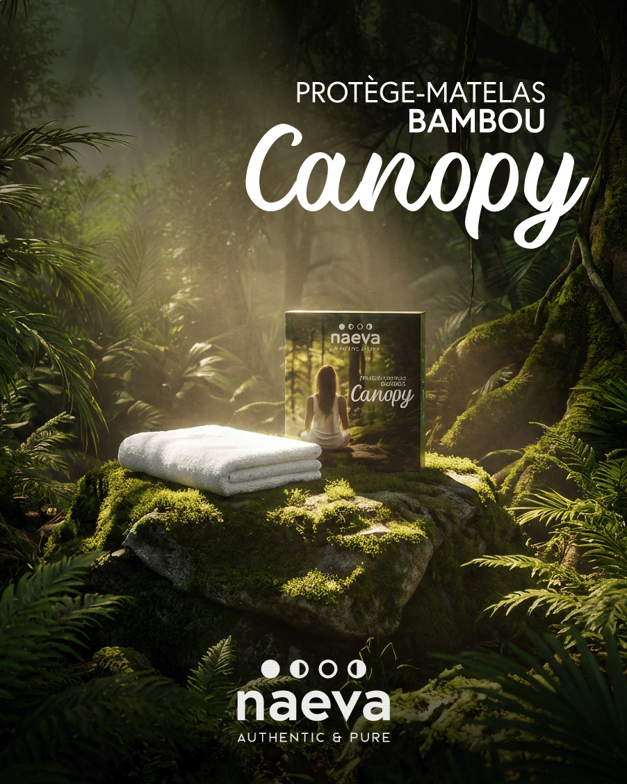 le protège matelas en fibres naturelles est mis en scene dans un décor de jungle