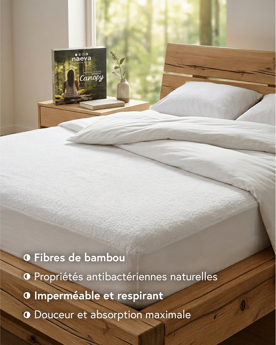 éléments clés du protège matelas Canopy : fibre naturelles, respirabilité, imperméabilité, Oekotex